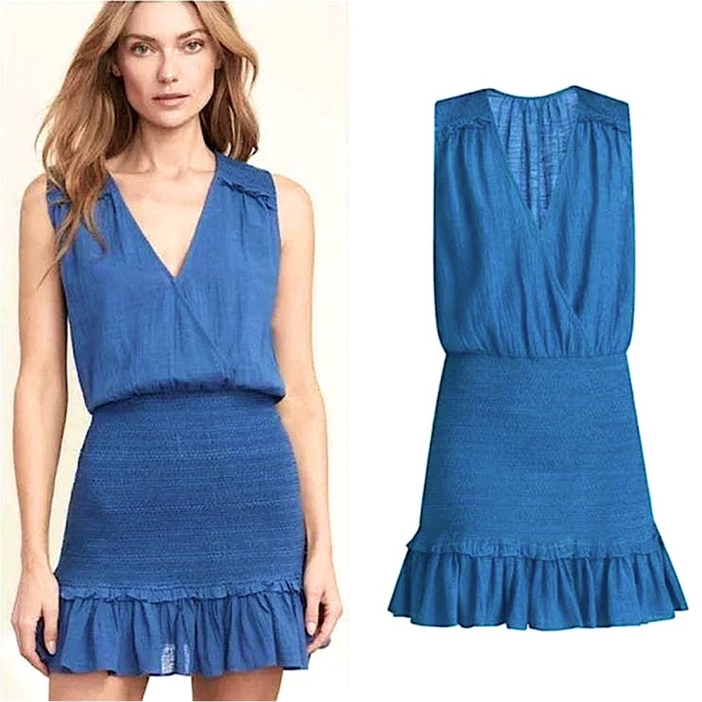 Veronica Beard Cox Blue Smocked Sleeveless Ruffle Cotton Mini Dress NWOT- Large